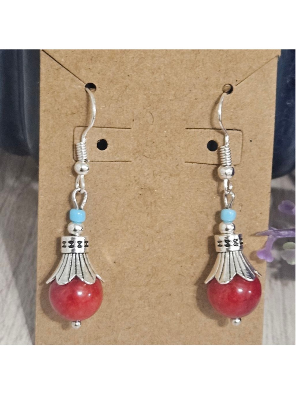 Natural Coral Stone Dangle Handmade Earrings